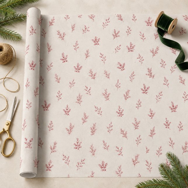 Christmas Elegant Red Holly Berries Pattern Tissue Paper (Elegant botanical tissue paper for holiday gift wrap, crafting, and decoupage.)