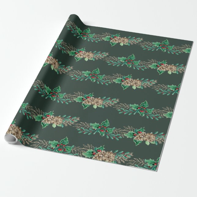 Christmas Elegant Striped Holly Berry Pine Foliage Wrapping Paper (Unrolled)