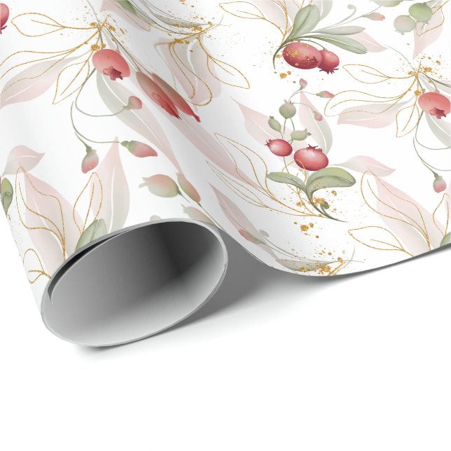 Christmas Elegant Watercolor Berry Wrapping Paper (Roll Corner)