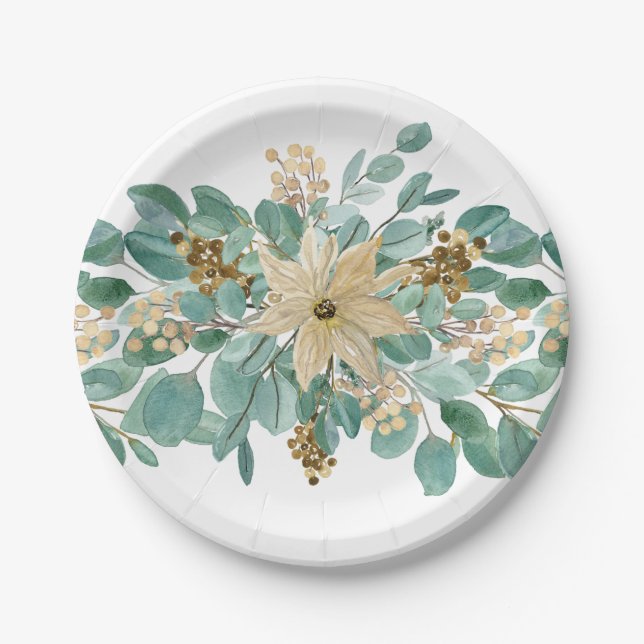 Christmas Elegant White Poinsettia Eucalyptus Paper Plate (Front)