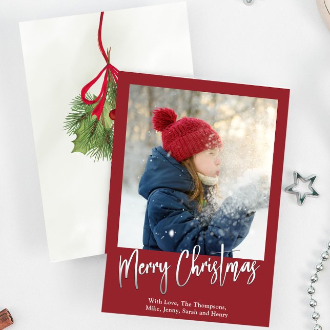 Christmas Elegant Winter Greenery Holly Photo Holiday Card (Merry Christmas Holly red with Silver calligraphy script photo card. )