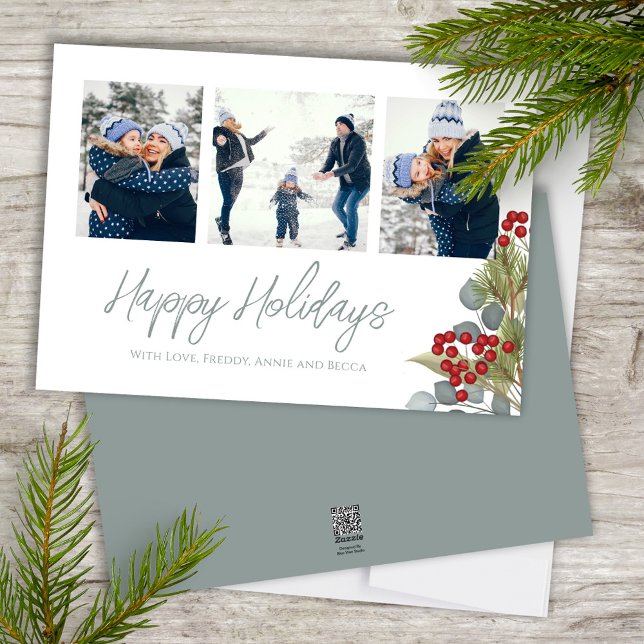 Christmas Elegant Winter Holly Berries 3 Photo Holiday Card (Happy Holidays photo card with blue eucalyptus and winter greenery. )