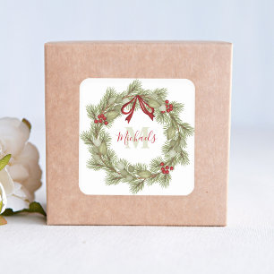 Christmas Elegant Wreath Red Holly Monogram  Square Sticker