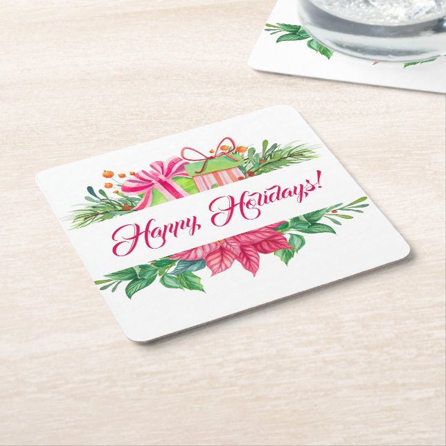 Christmas Elements Happy Holidays Square Paper Coaster (Angled)