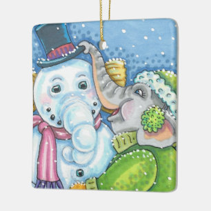 CHRISTMAS ELEPHANT BUILDING CUTE PACHYDERM SNOWMAN CERAMIC ORNAMENT