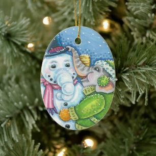 CHRISTMAS ELEPHANT BUILDING CUTE PACHYDERM SNOWMAN CERAMIC TREE DECORATION