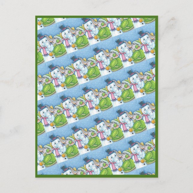 CHRISTMAS ELEPHANT BUILDING CUTE PACHYDERM SNOWMAN HOLIDAY POSTCARD (Front)