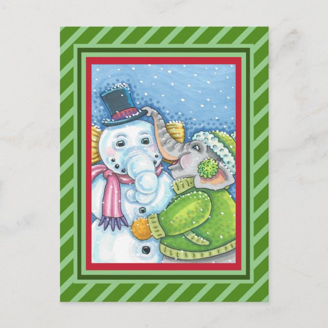 CHRISTMAS ELEPHANT BUILDING CUTE PACHYDERM SNOWMAN HOLIDAY POSTCARD (Front)