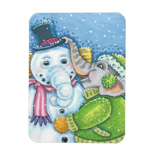 CHRISTMAS ELEPHANT BUILDING CUTE PACHYDERM SNOWMAN MAGNET