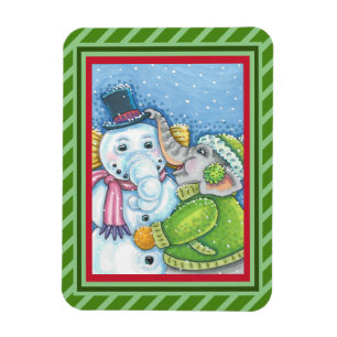 CHRISTMAS ELEPHANT BUILDING CUTE PACHYDERM SNOWMAN MAGNET