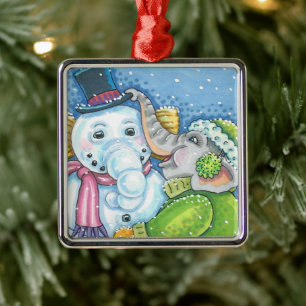 CHRISTMAS ELEPHANT BUILDING CUTE PACHYDERM SNOWMAN METAL TREE DECORATION