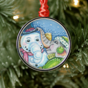 CHRISTMAS ELEPHANT BUILDING CUTE PACHYDERM SNOWMAN METAL TREE DECORATION