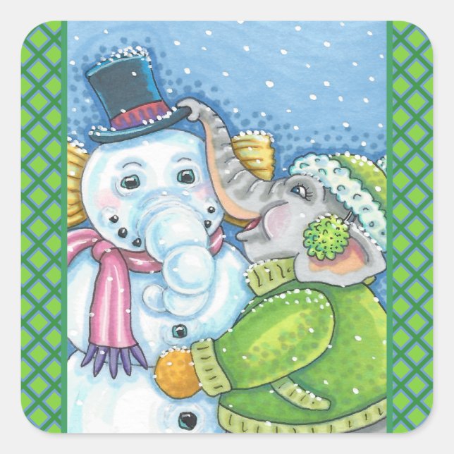 CHRISTMAS ELEPHANT BUILDING CUTE PACHYDERM SNOWMAN SQUARE STICKER (Front)