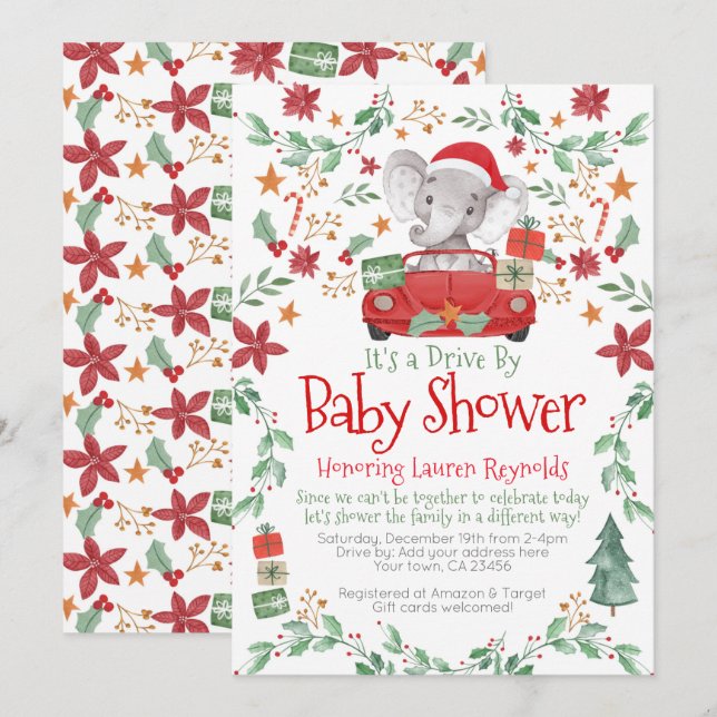 Christmas Elephant Drive By Baby Shower Invitation (Front/Back)