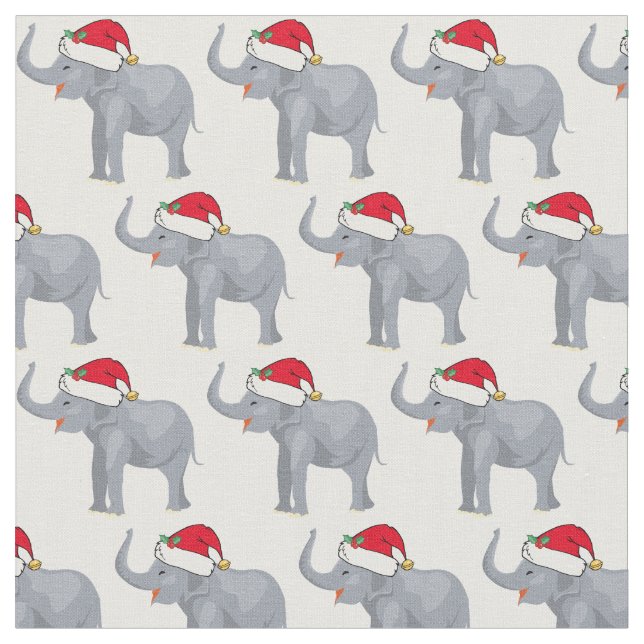 Christmas Elephant in Santa Hat Cute Holiday Fabric (Close Up)