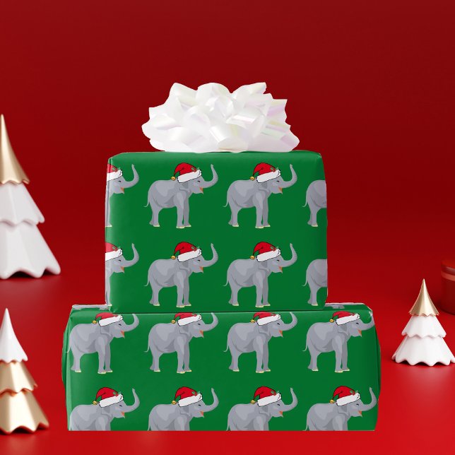 Christmas Elephant in Santa Hat Green Wrapping Paper (Creator Uploaded)