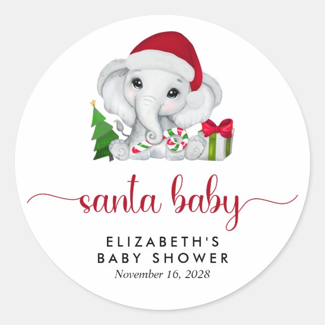 Christmas Elephant Santa Baby Boy Shower Classic Round Sticker (Front)