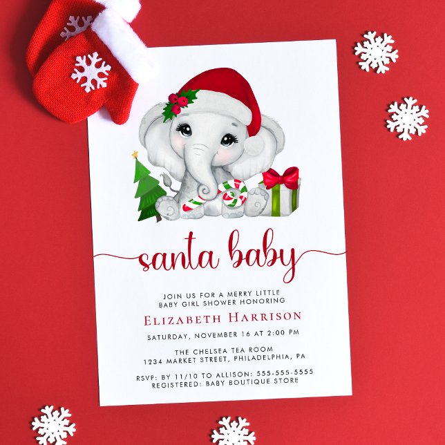 Christmas Elephant Santa Baby Girl Shower Invitation (Creator Uploaded)