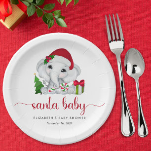 Christmas Elephant Santa Baby Girl Shower Paper Plate