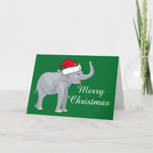 Christmas Elephant Santa Hat Green Holiday Card