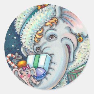 CHRISTMAS ELEPHANT, TRUNKFUL OF GIFTS & GOOD CHEER CLASSIC ROUND STICKER