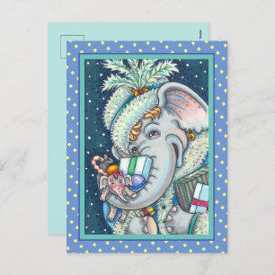 CHRISTMAS ELEPHANT, TRUNKFUL OF GIFTS & GOOD CHEER HOLIDAY POSTCARD