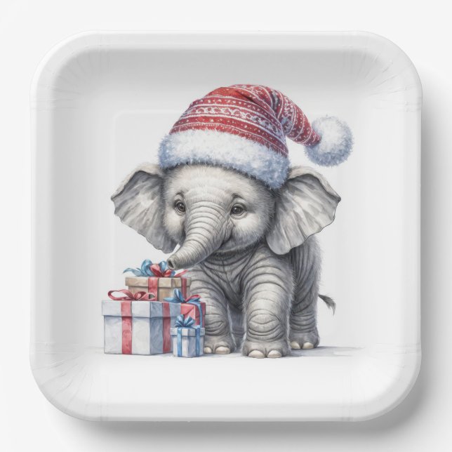 Christmas Elephant With Holiday Gifts Paper Plate (Front)
