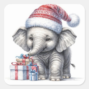 Christmas Elephant With Holiday Gifts Square Sticker