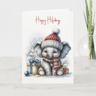 Christmas Elephant With Santa Hat Holiday Card