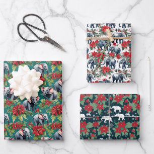 Christmas Elephants And Poinsettias Wrapping Paper Sheet