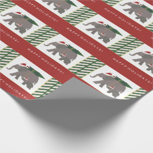 Christmas Elephants with Hats, Tree, and Stripes Wrapping Paper