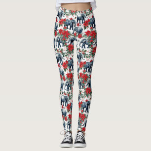Christmas Elephants With Poinsettias Leggings