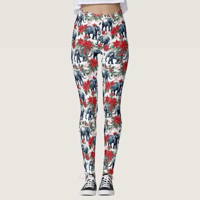 Christmas Elephants With Poinsettias Leggings (Front)