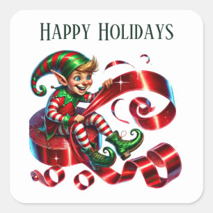 Christmas elf add message Happy Holidays Square Sticker
