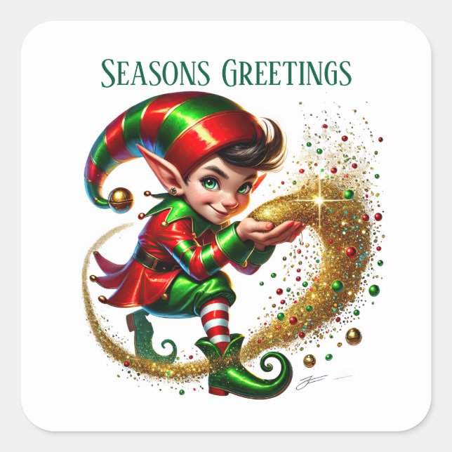 Christmas elf add message Seasons Greetings Square Sticker (Front)