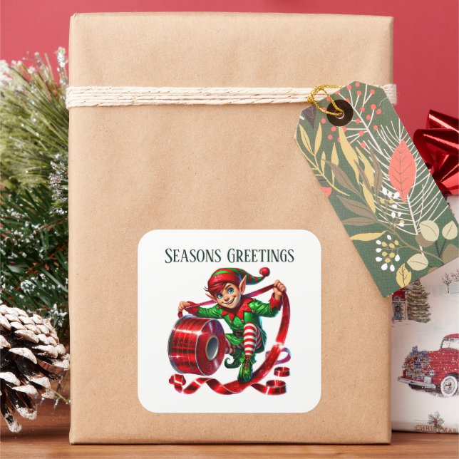 Christmas elf add message Seasons Greetings Square Sticker (Holiday)
