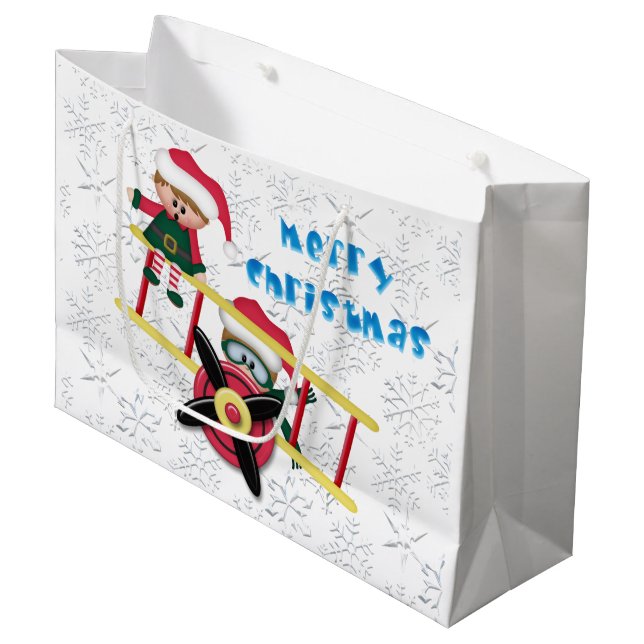 Christmas Elf Aeroplane large gift bag (Front Angled)