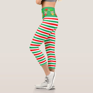Christmas elf and green, red, white striped capri leggings