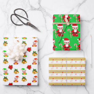 Christmas elf and joy hearts on golden stripes wrapping paper sheet