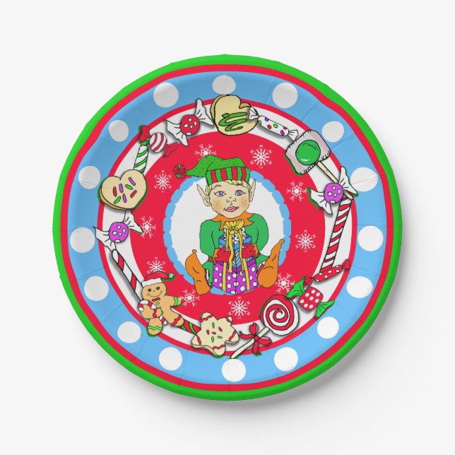 Christmas Elf Boy Whimsical Candy Polka Dot Paper Plate (Front)