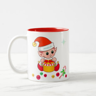 Christmas elf, candy cane & Christmas balls Two-Tone Coffee Mug