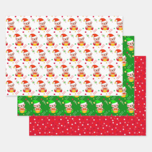 Christmas elf, candy cane, confetti on green & red wrapping paper sheet
