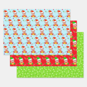 Christmas elf, candy cane, confetti on green & red wrapping paper sheet