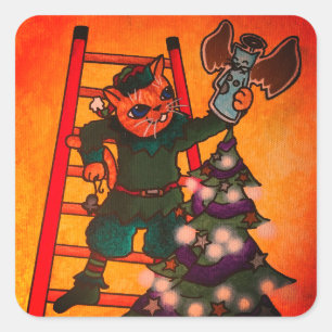 Christmas Elf Cat Square Sticker