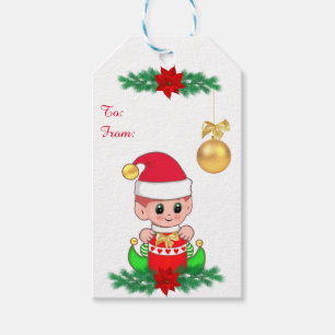 Christmas elf, Christmas ball, pine & poinsettia Gift Tags