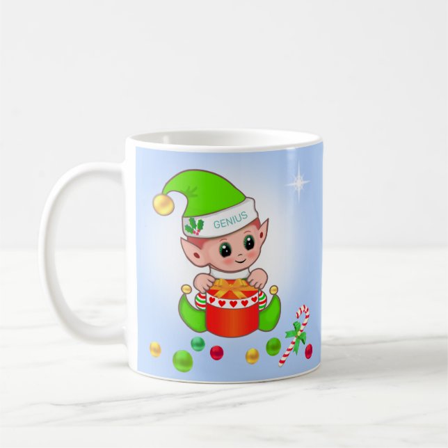 Christmas elf & Christmas balls on light blue Coffee Mug (Left)