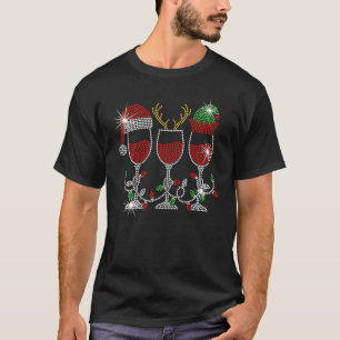 Christmas Elf Deer Santa hat Wine Glasses Bling Xm T-Shirt