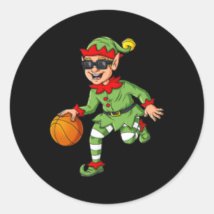 Christmas Elf Dribbling A Basketball Fun Boys Kids Classic Round Sticker