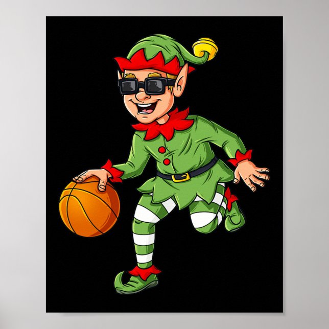 Christmas Elf Dribbling A Basketball Fun Boys Kids Poster (Front)