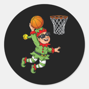 Christmas Elf Dunking A Basketball Fun Boys Kids X Classic Round Sticker